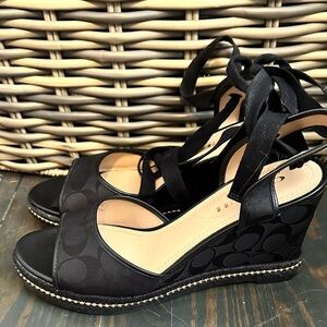 Coach Wedge Ankle Tie Logo Black and Gold Sandals. Worn once. Size 8.5
